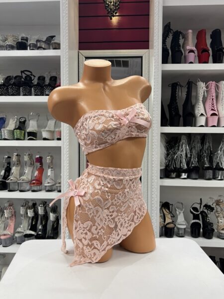 Blush lace bow set with strapless bandeau top and asymmetrical lace skirt