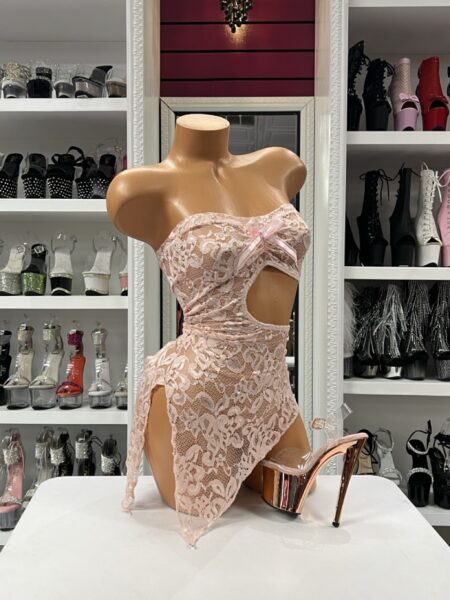 Blush Lace Cutout Dress with sheer pink lace fabric, rhinestone accents, and asymmetrical side slit mini dress design