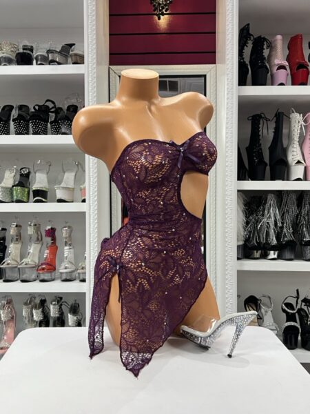 Purple Lace Cutout Dress with sheer lace fabric, rhinestone accents, and side slit mini dress design
