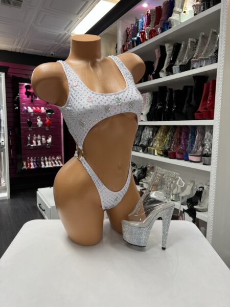 White Rhinestone Belly Romper with open belly cutout and crystal embellishments