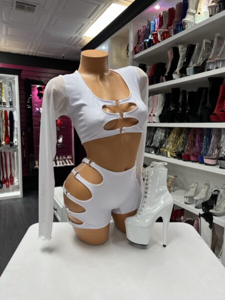 White Cutout Ring Set with long sleeve crop top and cutout shorts