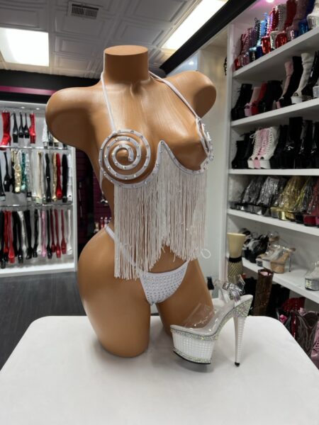 White Spiral Fringe Set with rhinestone spiral cups and long fringe performance outfit