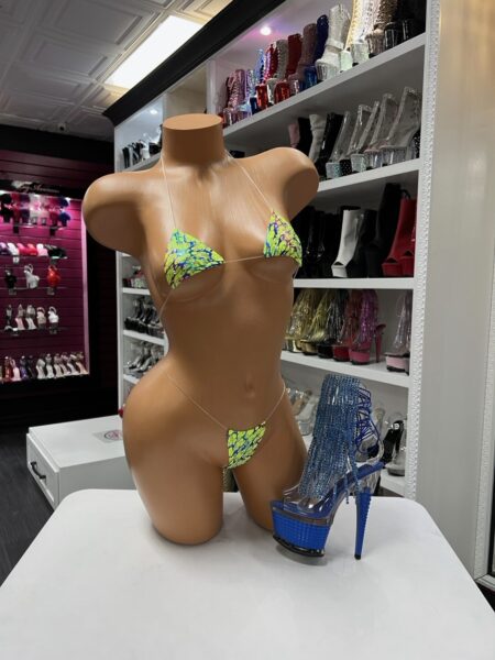 Model wearing Neon Splash Micro Bikini with neon print and invisible straps minimal coverage bikini