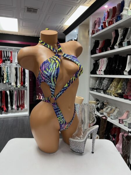 Rainbow Animalprint Rhinestone Bodysuit with halter neckline and colorful rhinestone embellishments