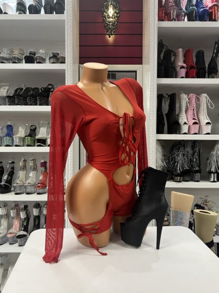 Red Lace-Up Bodysuit back view showing open back design