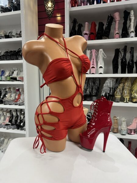 Red lace up halter romper side view