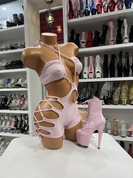 Baby pink adjustable lace-up romper detail