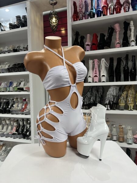 White halter lace up romper side detail