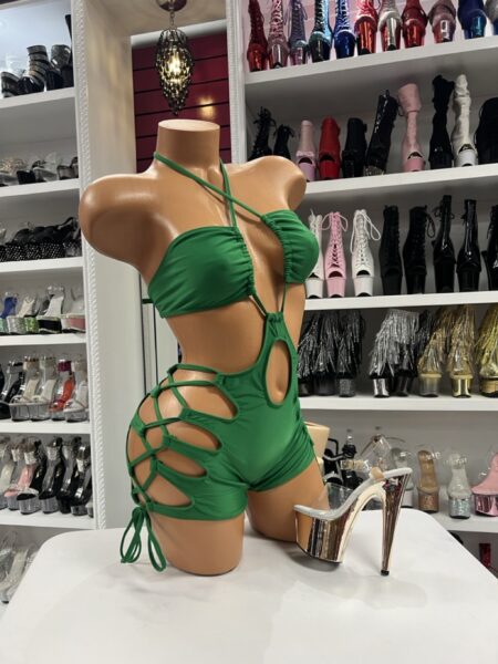 Emerald Cutout Lace Romper front view with halter neckline