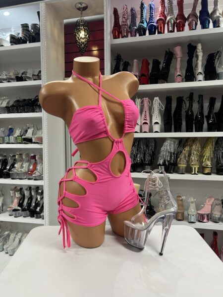 Hot Pink Lace Romper front view with strappy cutout design