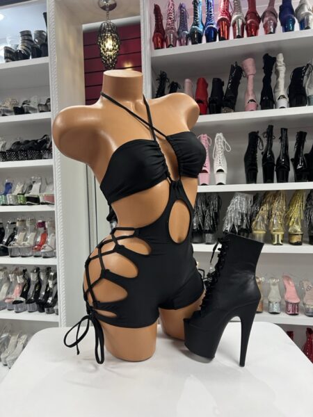 Black Lace Up Romper front view with strappy cutout design