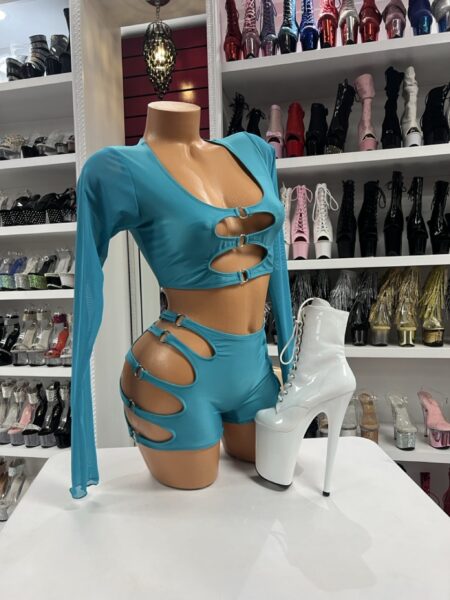 Teal long sleeve set with cutout crop top and high waisted shorts performer outfit