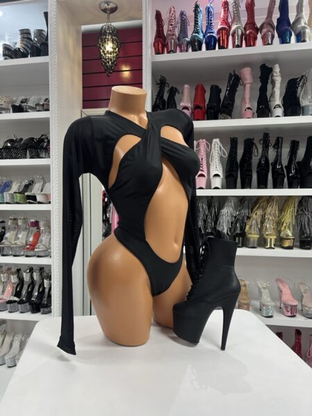 Black cutout sleeve bodysuit one piece performer outfit with long sleeves