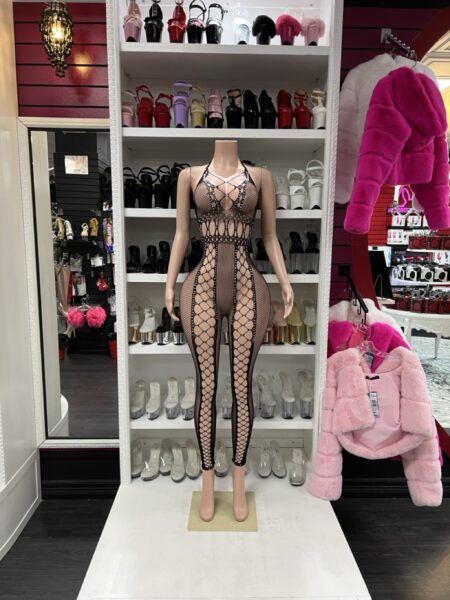 Black fishnet jumpsuit bodysuit full body performer outfit with halter neckline