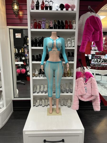 Turquoise crystal fishnet set with long sleeve top and matching leggings performer outfit