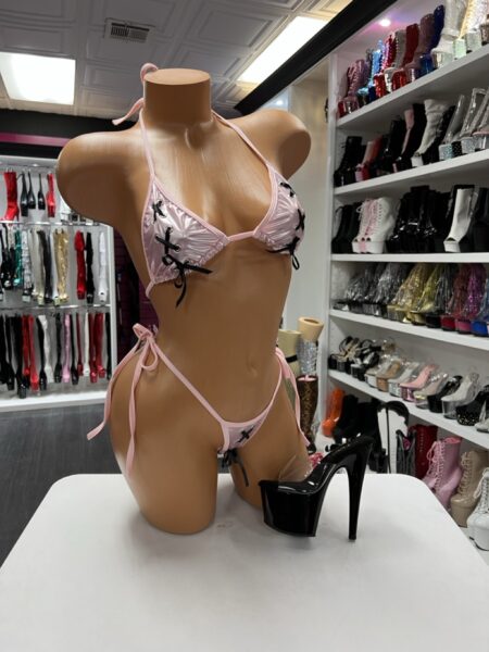 Pink lace bikini set with halter top and tie side bottoms performer outfit