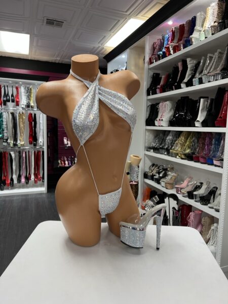 Crystal rhinestone slingshot teddy sparkling performer bodysuit with halter design