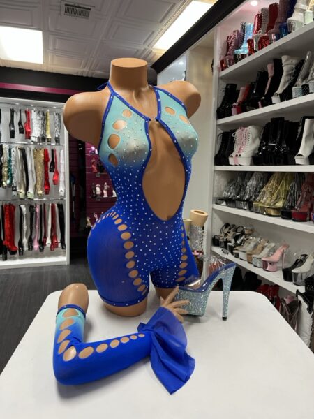 Blue ombre fishnet romper with crystal embellishments performer outfit