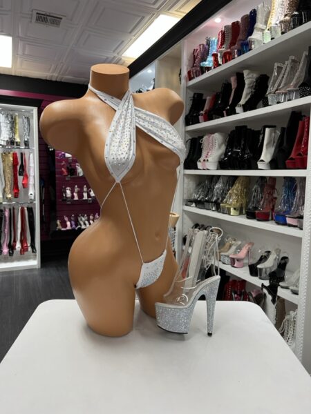 White crystal slingshot bodysuit performer outfit with halter neckline