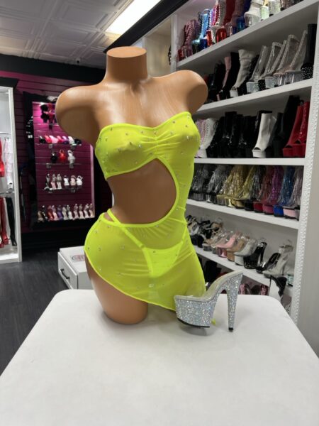 Neon crystal cutout dress strapless mini with mesh overlay performer outfit