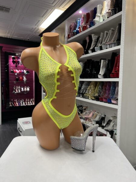 Neon mesh crystal bodysuit with lace-up front and halter tie back