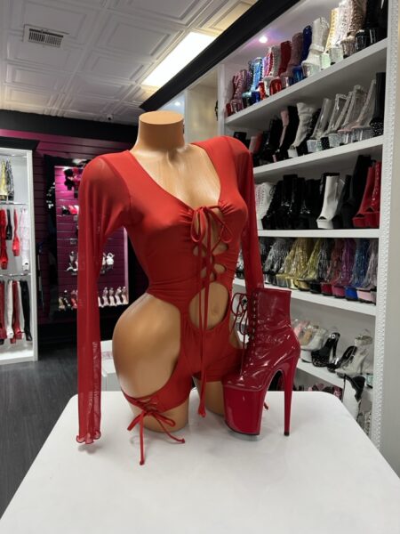 Red Lace-Up Bodysuit back view showing open back design