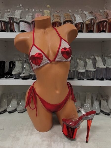 Satin heart sheer set with white triangle top and red tie-side micro bottoms