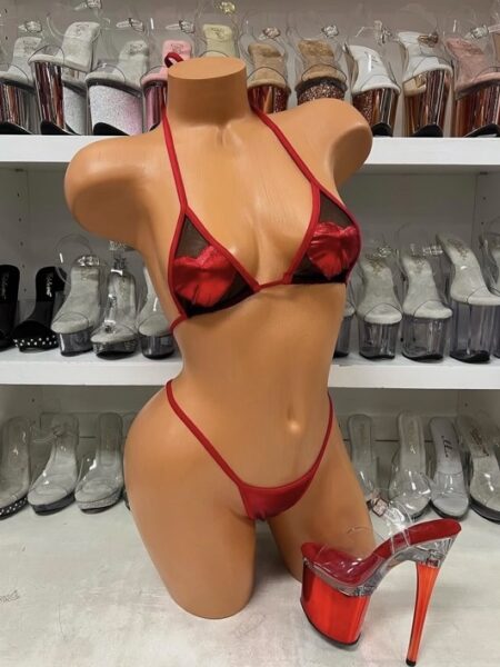 Red black heart set with sheer mesh halter top and red micro thong