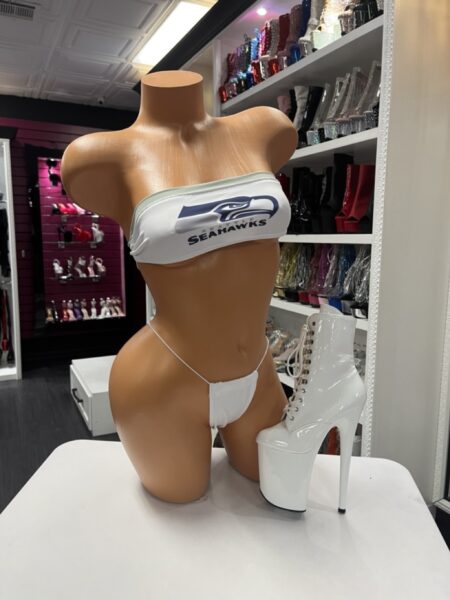 White bandeau bikini with minimalist design and thong bottom