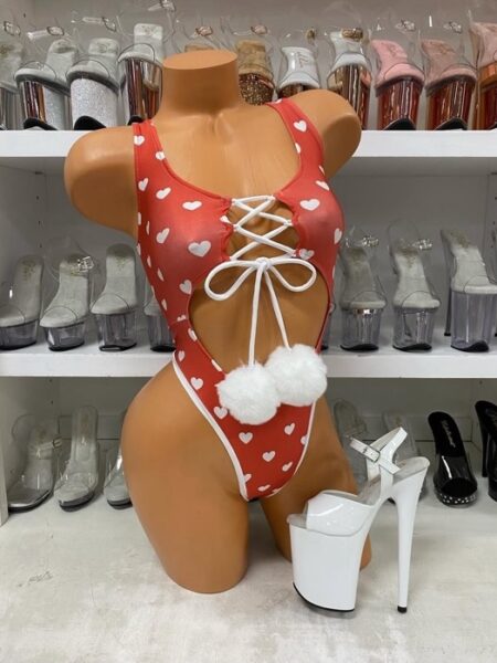 Red heart lace up bodysuit with white trim and fluffy pom detail