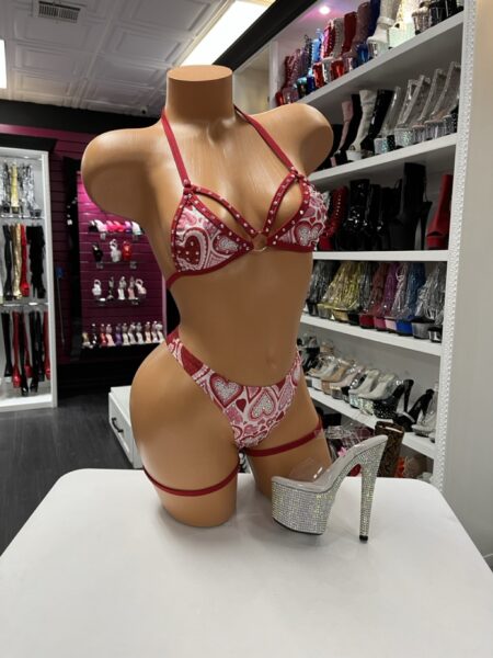 Rhinestone heart micro set with triangle top and matching leg garters