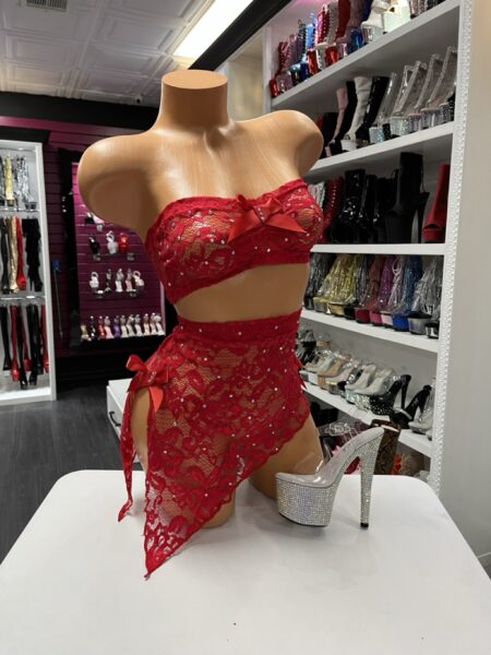 Red lace bow set with rhinestone bandeau top and asymmetrical lace skirt