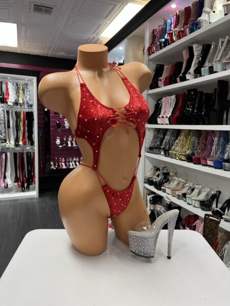 Red rhinestone lace bodysuit with open front cutout and lace-up detail
