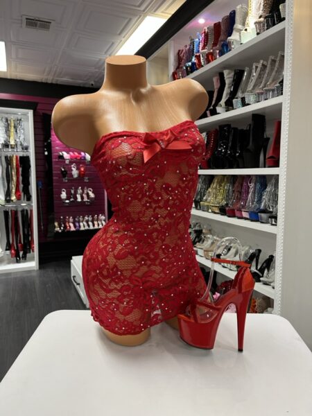 Red Rhinestone Lace Dress strapless floral lace mini with rhinestone embellishments