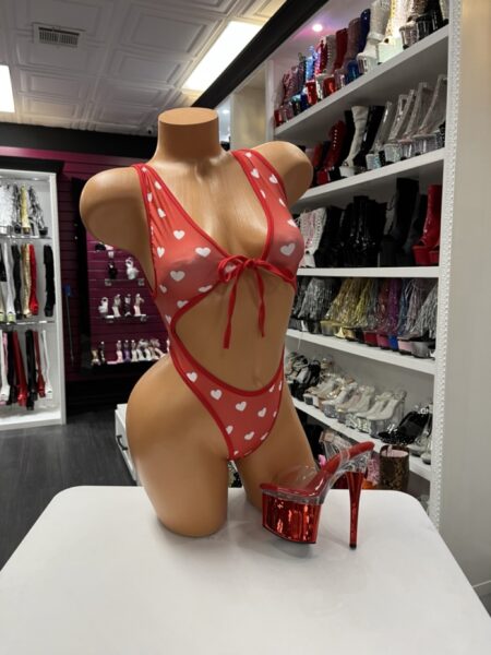 Red heart cutout bodysuit with front bow detail and high-cut leg