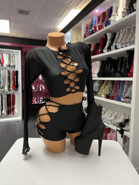 Black lace up set with long sleeve crop top and side lace-up shorts