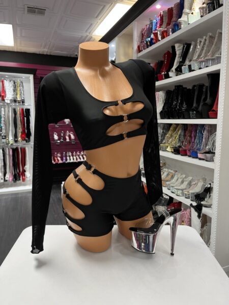 Black buckle cutout set with long sleeve crop top and high-waisted shorts