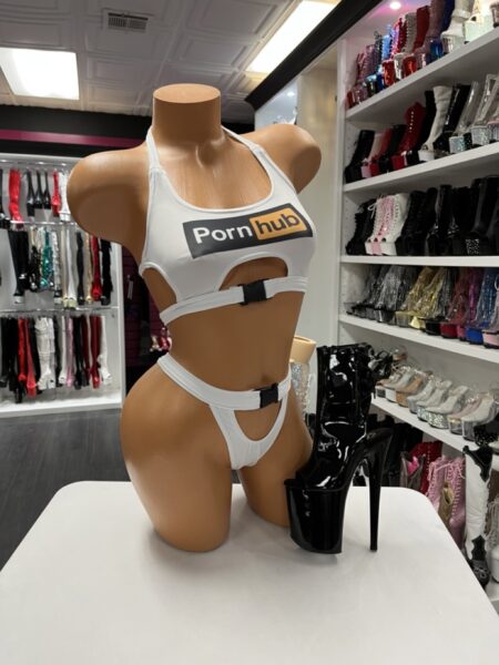 White logo buckle bikini with underbust cutout and black hardware