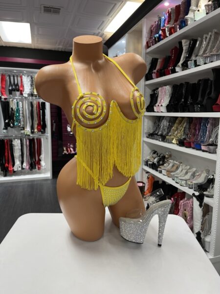 Yellow fringe spiral bikini with rhinestone detailing and halter straps