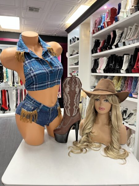 Teal plaid short set with cropped halter top and fringe denim shorts cowgirl outfit