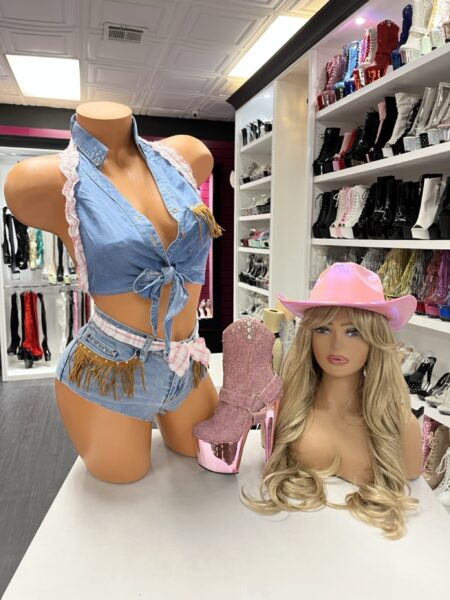 Denim fringe short set with halter tie top and distressed fringe shorts cowgirl outfit