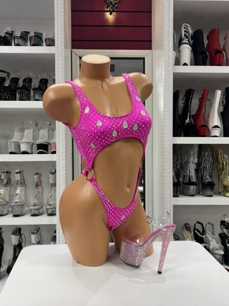 Dark fuchsia rhinestone open belly romper front view