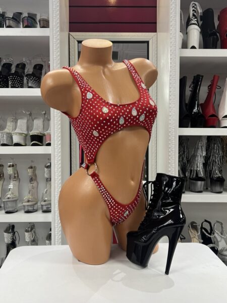 Red Rhinestone Belly Romper with open waist cutout and crystal embellishment