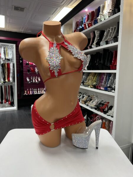 Red rhinestone skirt set with halter top and mini skirt