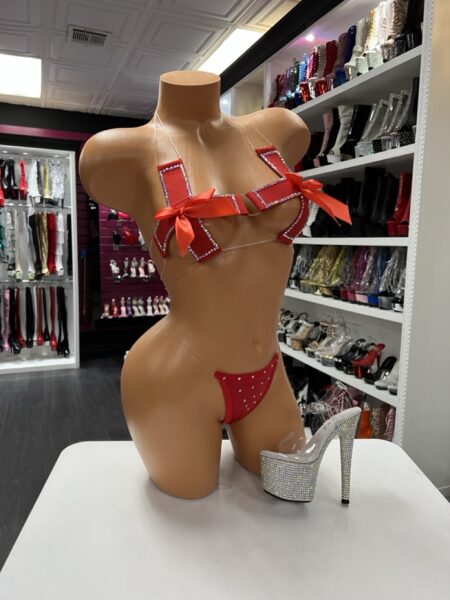 Red bow set with crystal trim and rhinestone detail thong