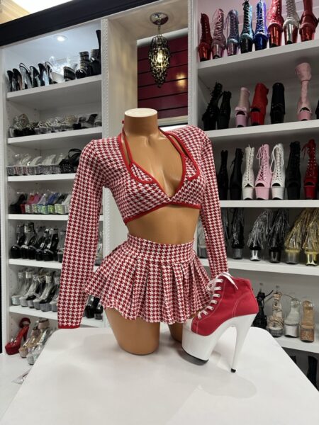 Red and white houndstooth triangle top and pleated mini skirt set with long sleeve shrug