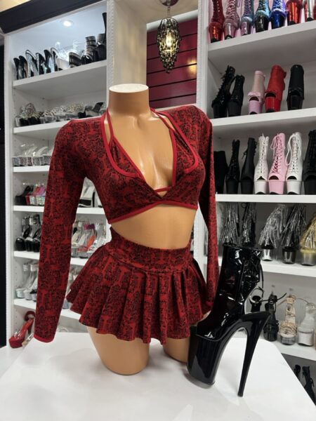 Red and black damask halter top mini skirt set with long sleeve shrug