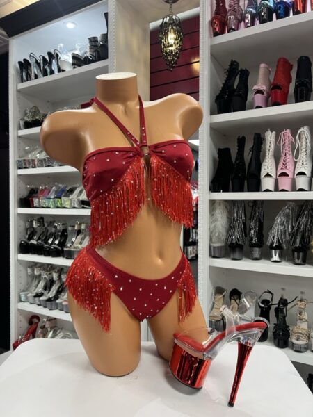Red rhinestone fringe halter bikini set