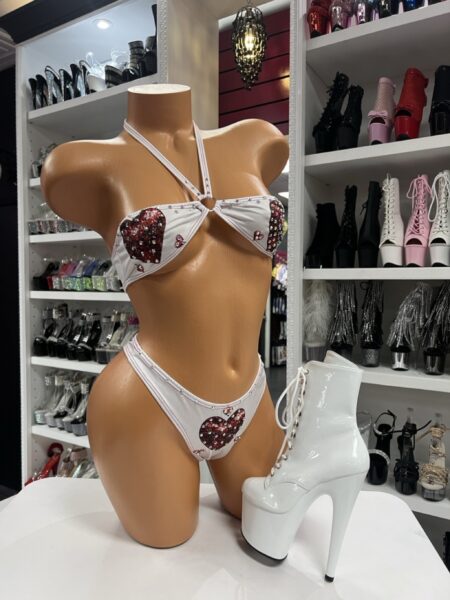 White crystal heart rhinestone bikini set
