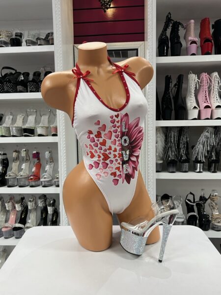 White love heart halter bodysuit with rhinestones